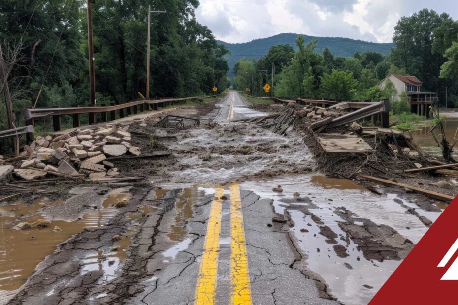 picture of flooding and a collapsed bridge