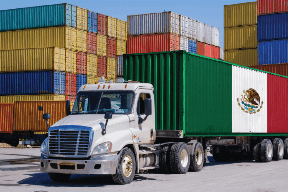 image of cargo containers behind a truck with a Mexican flag